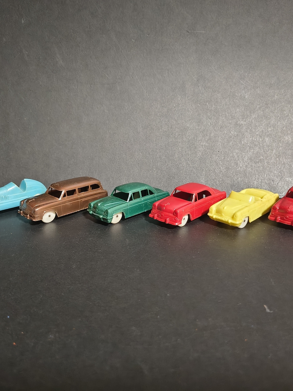 6 Vintage F&F Mold Die Works Plastic Car Post Cereal Premium Toy Red Green Blue